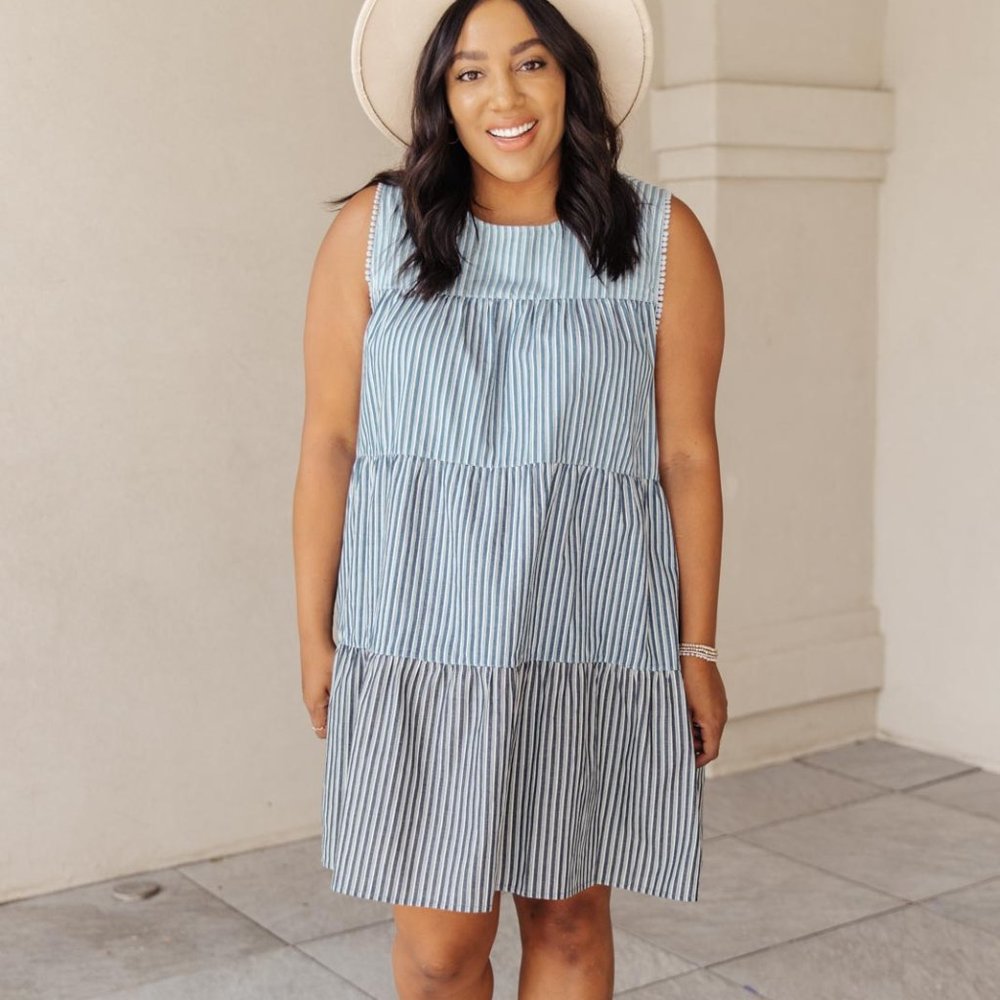New! Striped tiered Dress in denim blue